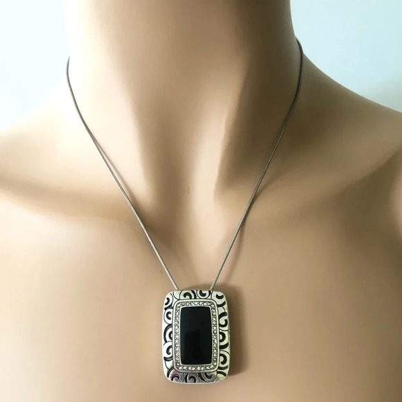 Brighton Rhythms Reversible Gold Black Pendant Necklace. Crystals Silver Plated - Picture 2 of 7